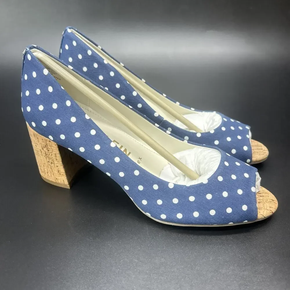 New Anne Klein Womens 8.5M Blue White Polka Dot Peep-Toe Cork Block Heels Megan2 - Picture 3 of 9